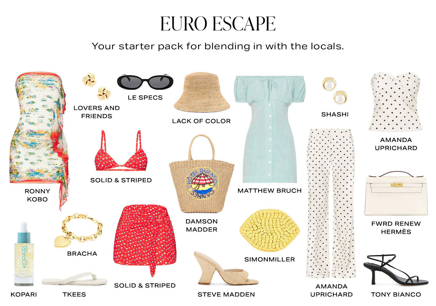 Euro Escape. Your starter pack for blending in with the locals. Product Assortment.