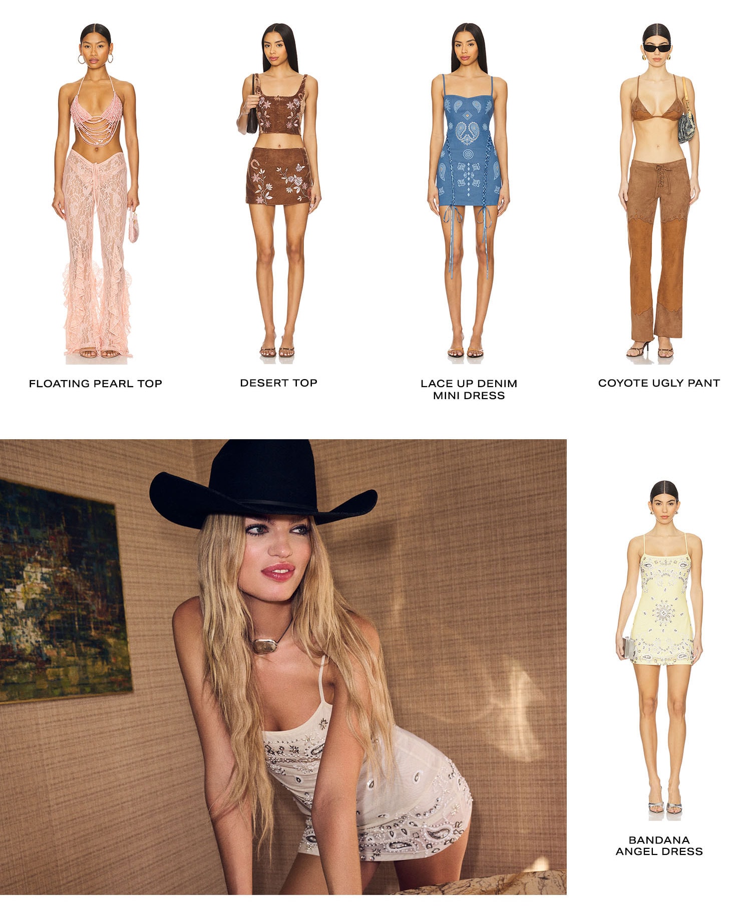Leslie Amon: The Festival Drop. It's boho meets western-AKA lace, floral details and some really cute suede sets. Shop Now.
