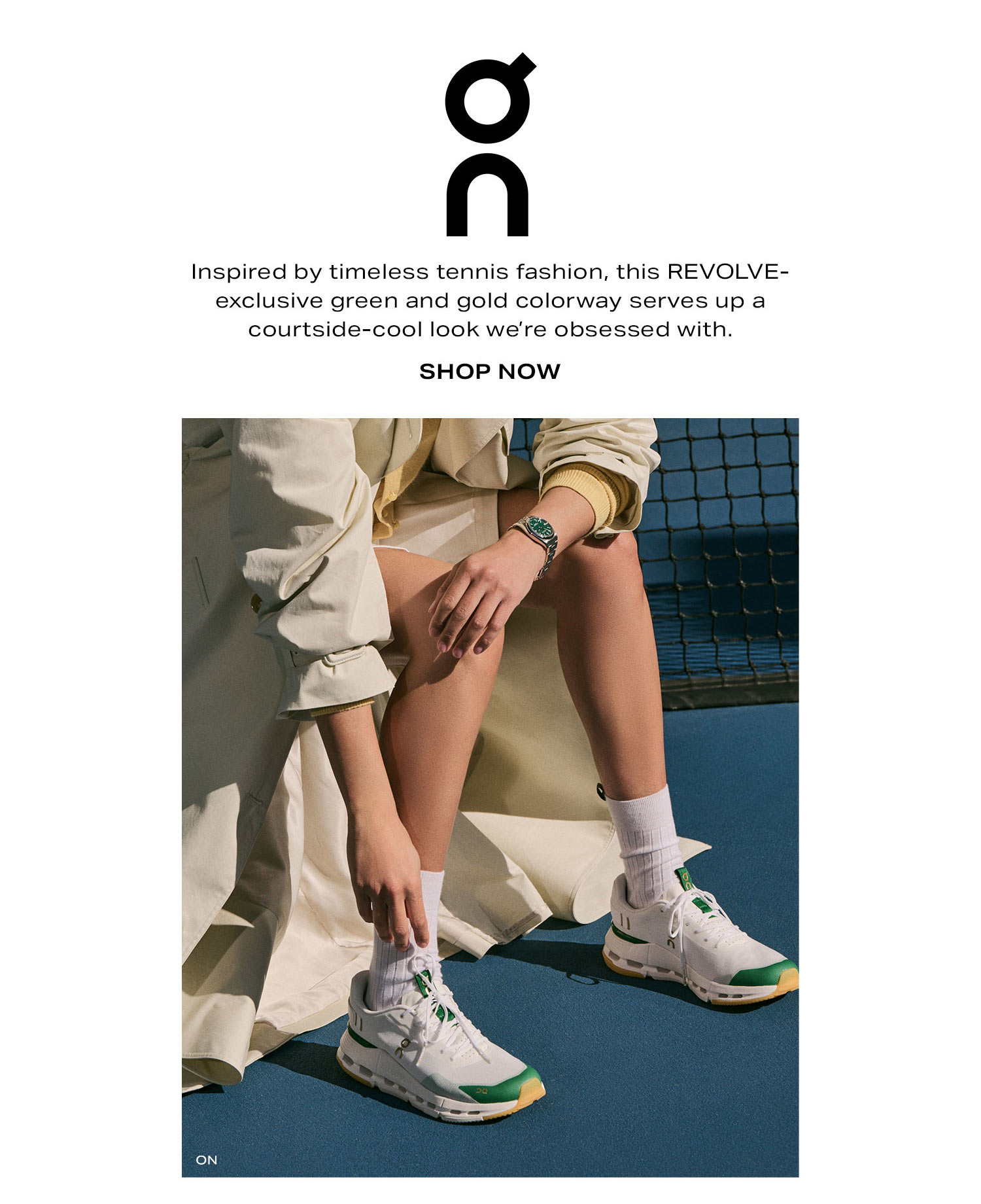 New Cloudnova From On. Inspired by timeless tennis fashion, this REVOLVE-exclusive green and gold colorway serves up a courtside-cool look we're obsessed with. Shop Now.