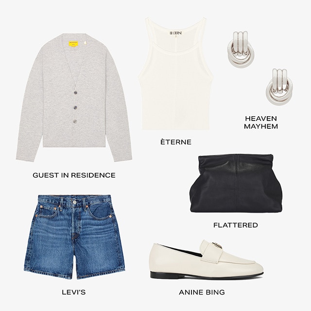 The vibe: cool girl off-duty. Start with Levi's mid-thigh denim shorts which sit easy at the hips. Then add an oversized cardigan to play with proportion or drape it over your shoulders if you want to look more polished.