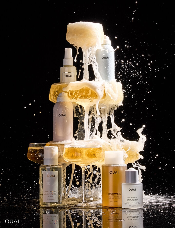 Ouai products mixed in with a champagne tower.