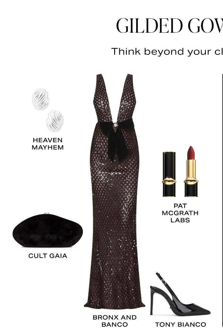 Gilded Gowns, 2 Ways. Choose your vibe: sleek silver or golden glamour. Look 1.