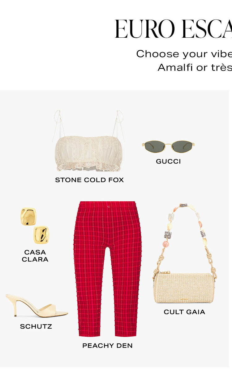 Euro Escape, 2 Ways. Choose your vibe: beach-to-bar in Amalfi or très chic in Paris. Look 1.