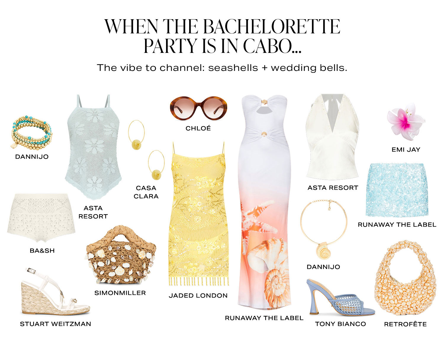 When The Bachelorette Party Is In Cabo... The vibe to channel: seashells + wedding bells. Product Assortment.