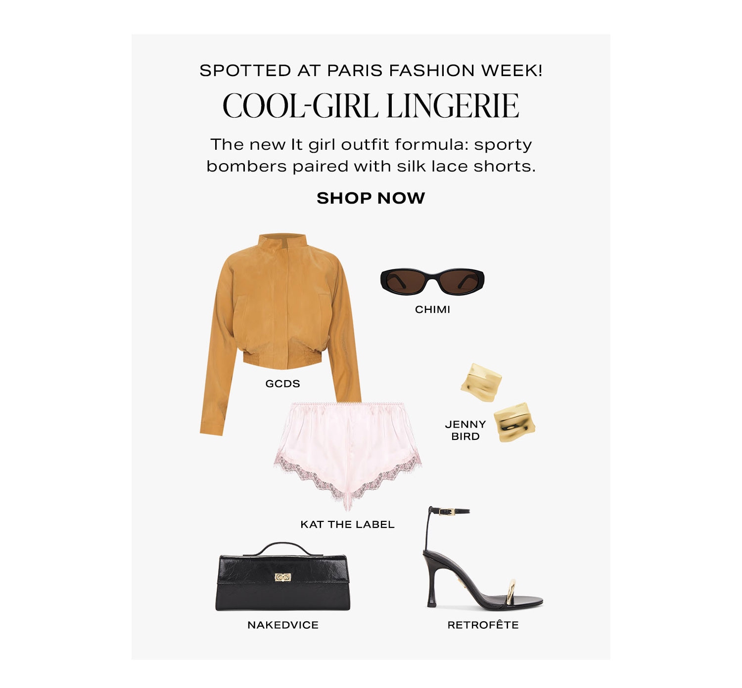 Spotted At Paris Fashion Week! The new It girl outfit formula: sporty bombers paired with silk lace shorts. Product Assortment. Shop Now.