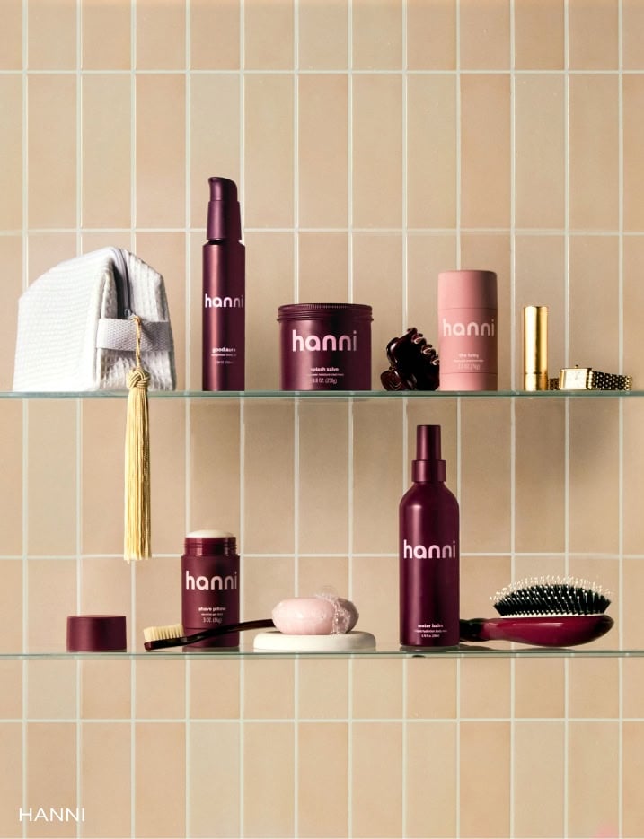 Variety of hanni products on shelves along with other everyday beauty items.