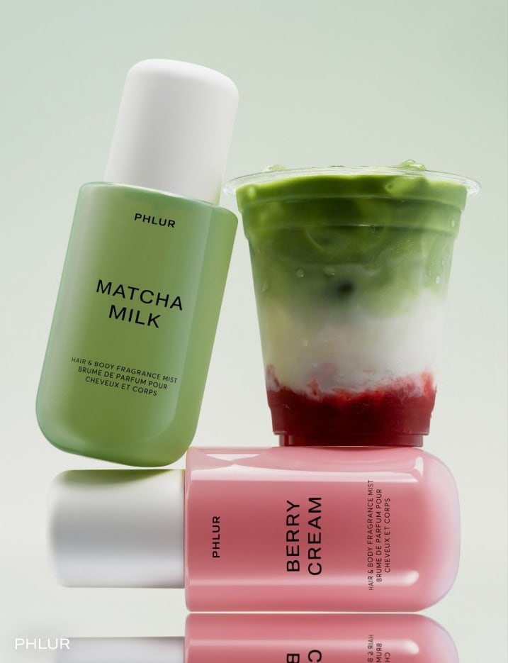 Phlur fragrances in Matcha Milk and Berry Cream along with an iced strawberry matcha.