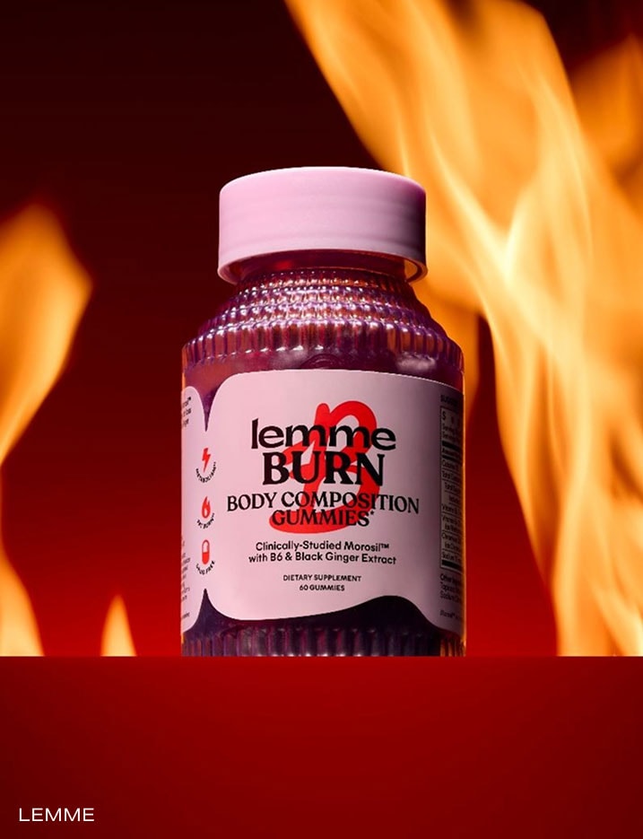 Lemme Burn Body Composition Gummies in front of a fiery background.
