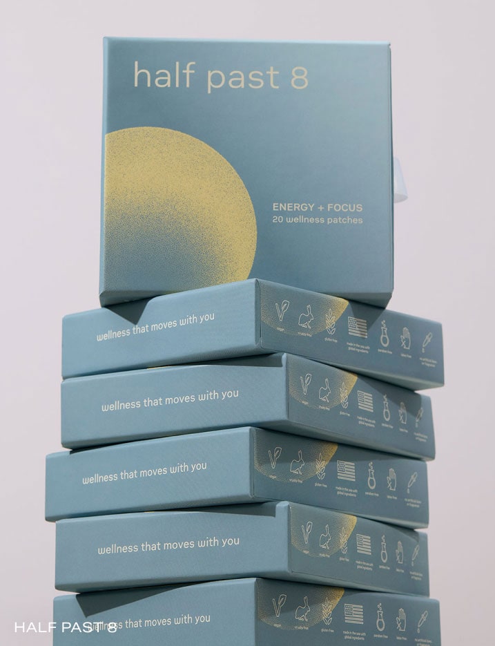 A stack of Half Past 8 wellness patches